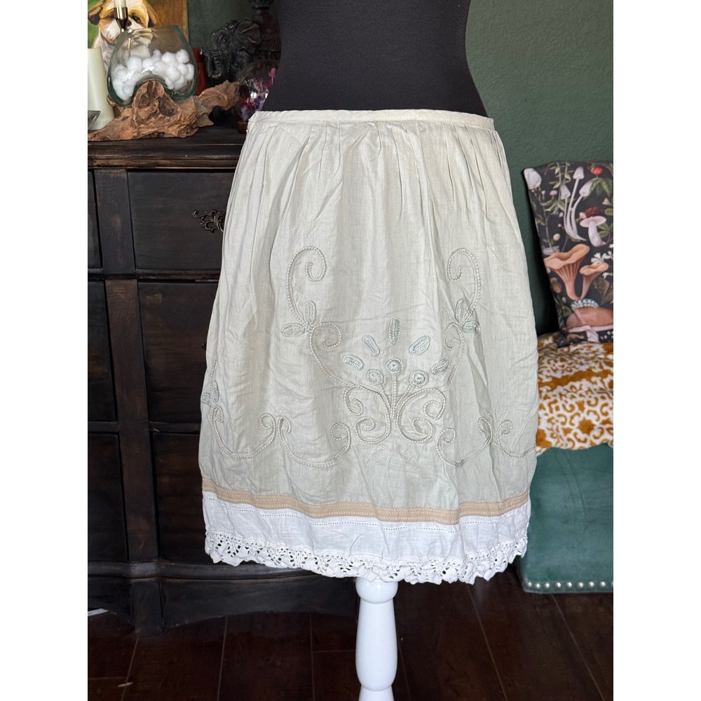 Ann Taylor LOFT Petites Embroidered Linen Blend Lace Trim Skirt Sage Green 6P